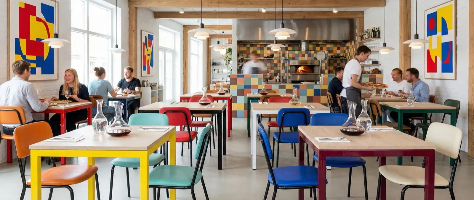 Ambiente contract arredato Trimar: open dining in luce naturale